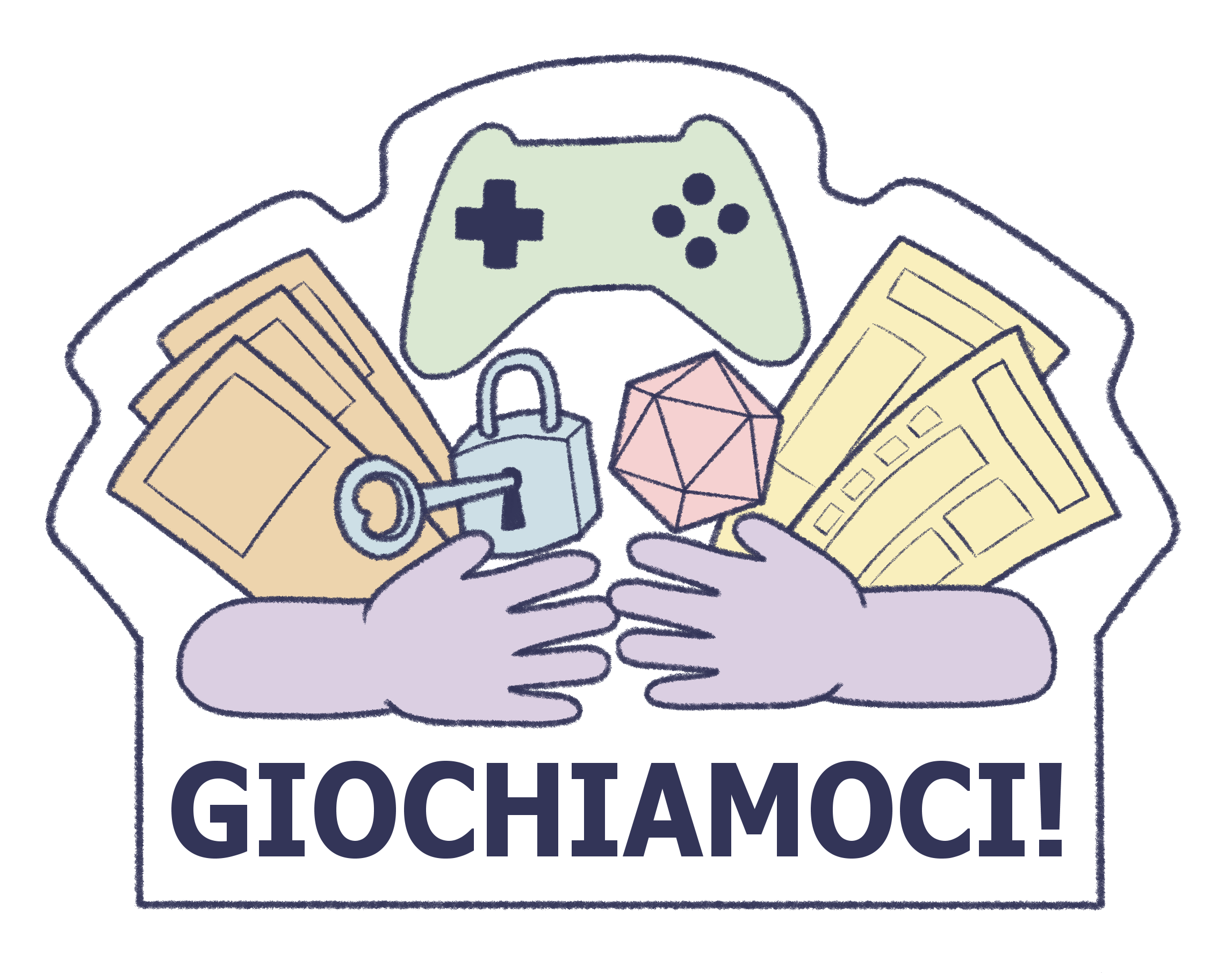 Logo dell'associazione Giochiamoci! Un'illustrazione in stile fumetto con toni pastello che mostra due mani viola aperte verso l'alto per sorreggere diversi elementi ludici: un controller per videogiochi verde chiaro, carte da gioco gialle, un lucchetto azzurro con una chiave infilata (simbolo di escape room), un dado a venti facce rosa per giochi di ruolo e schede di gioco. In basso, la scritta in stampatello maiuscolo scuro 'GIOCHIAMOCI!'.